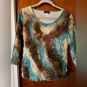 Studded chocolate & teal blouse with delicate teal stones.
